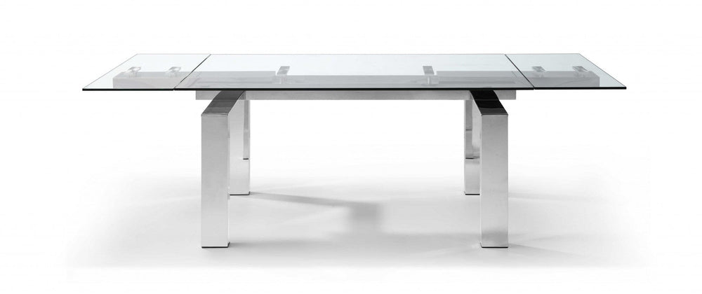 63" Clear and Silver Glass and Stainless Steel Self-Storing Leaf Dining Table - Homeroots - Flyclothing LLC