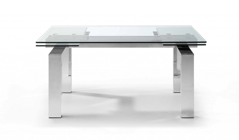 63" Clear and Silver Glass and Stainless Steel Self-Storing Leaf Dining Table - Homeroots - Flyclothing LLC
