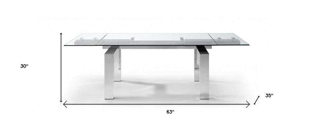 63" Clear and Silver Glass and Stainless Steel Self-Storing Leaf Dining Table - Homeroots - Flyclothing LLC