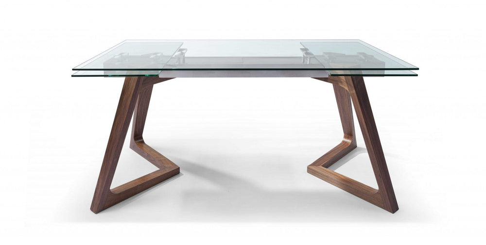 63" Clear and Brown Glass and Solid Wood Self-Storing Leaf Dining Table - Homeroots - Flyclothing LLC