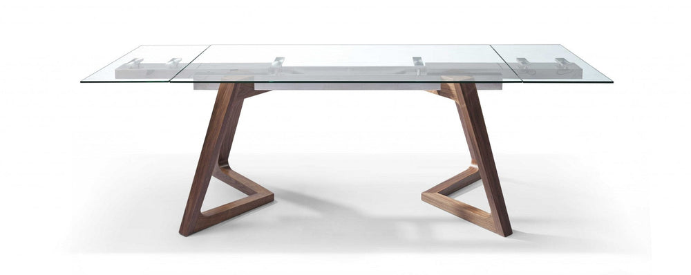 63" Clear and Brown Glass and Solid Wood Self-Storing Leaf Dining Table - Homeroots - Flyclothing LLC