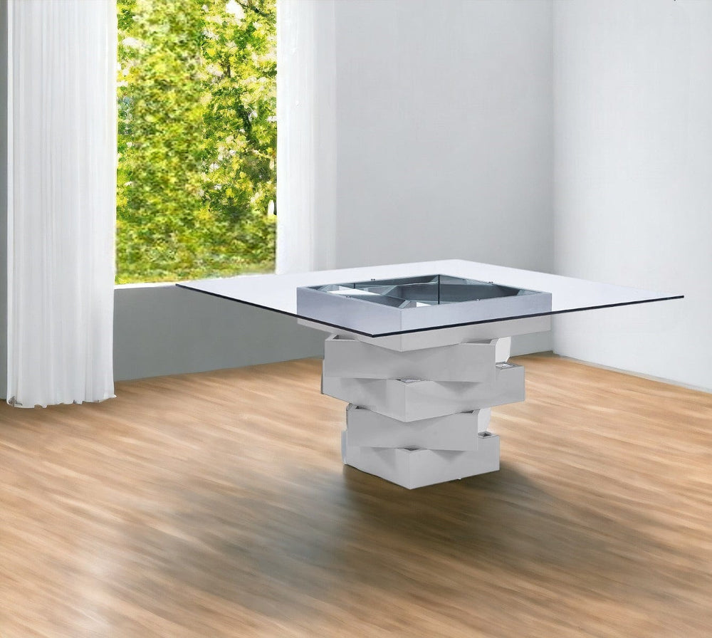 59" Clear And Gray Square Glass And Solid Wood Pedestal Base Dining Table - Homeroots - Flyclothing LLC