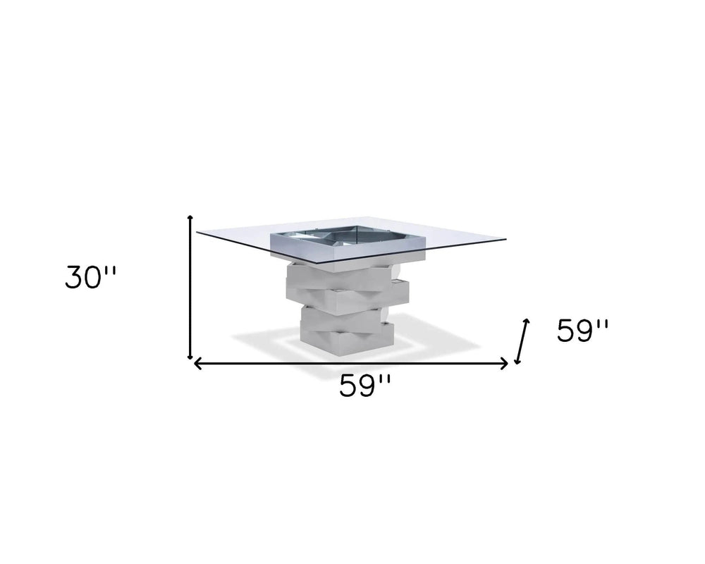 59" Clear And Gray Square Glass And Solid Wood Pedestal Base Dining Table - Homeroots - Flyclothing LLC