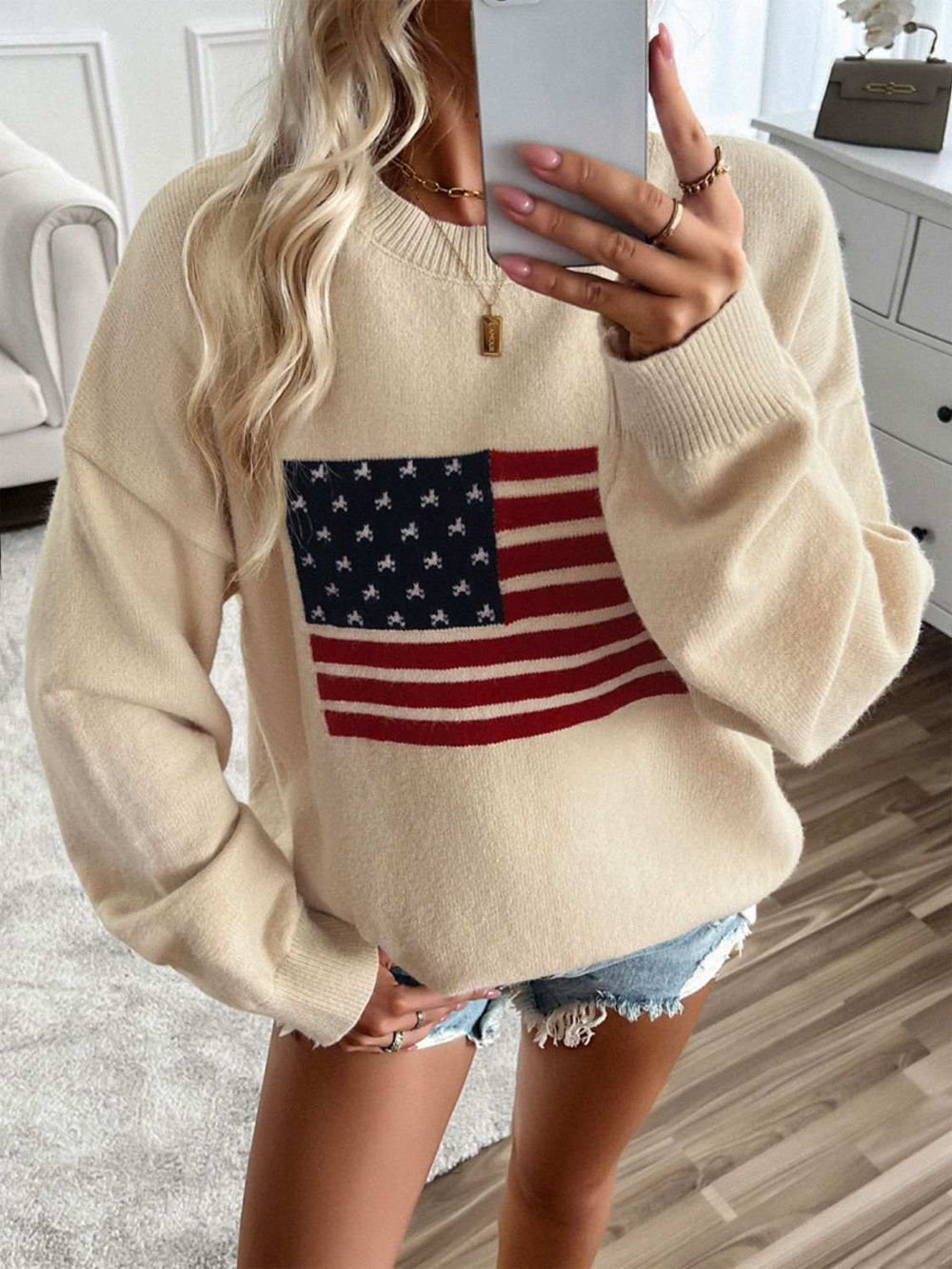 Devine US Flag Round Neck Long Sleeve Knit Top - Trendsi - Flyclothing LLC