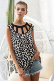 BiBi Leopard Printed Soft Rib Knit Front Sut Out Top - Trendsi - Flyclothing LLC