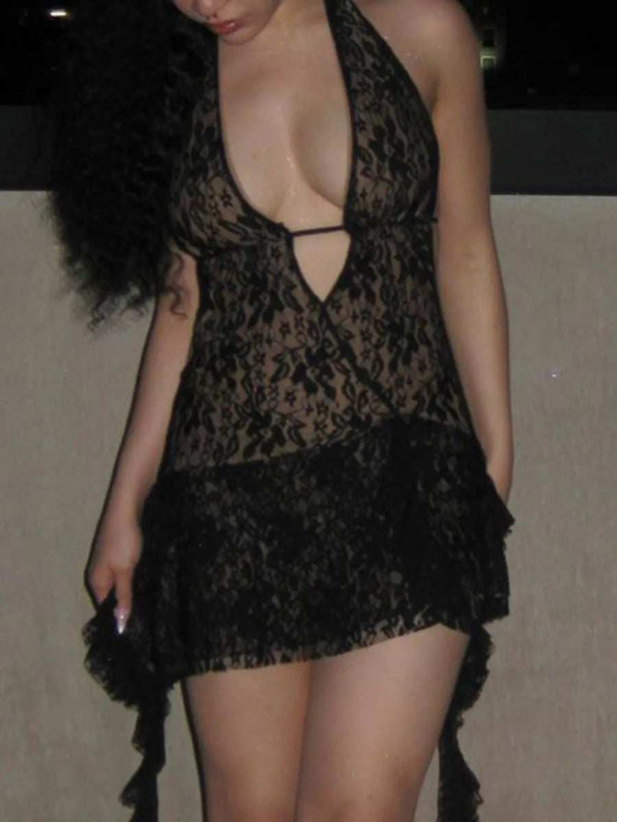 Backless Lace Halter Neck Mini Dress - Trendsi - Flyclothing LLC
