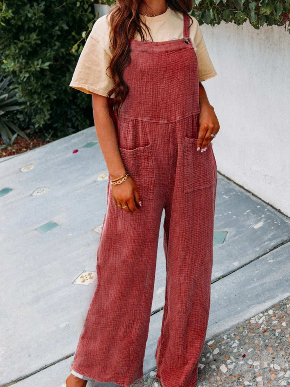 Full Size Casual Wide Leg Textured Overalls Plus Size - Trendsi - Flyclothing LLC