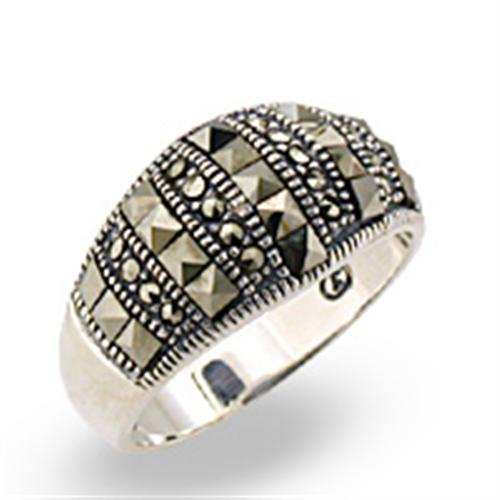 32306 - Antique Tone 925 Sterling Silver Ring with Semi-Precious Marcasite in Jet - Alamode - Flyclothing LLC