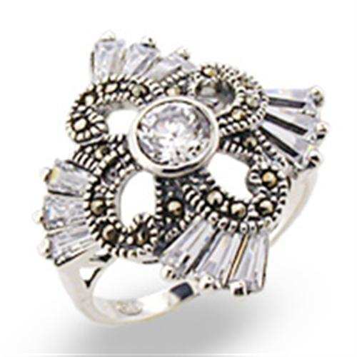 32328 - Antique Tone 925 Sterling Silver Ring with AAA Grade CZ in Clear - Alamode - Flyclothing LLC