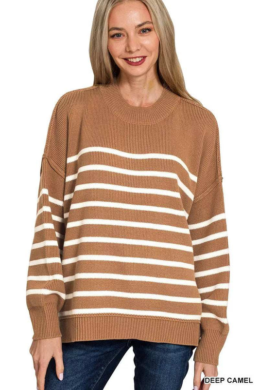 Zenana Exposed Seam Striped Oversized Sweater - Trendsi - Flyclothing LLC