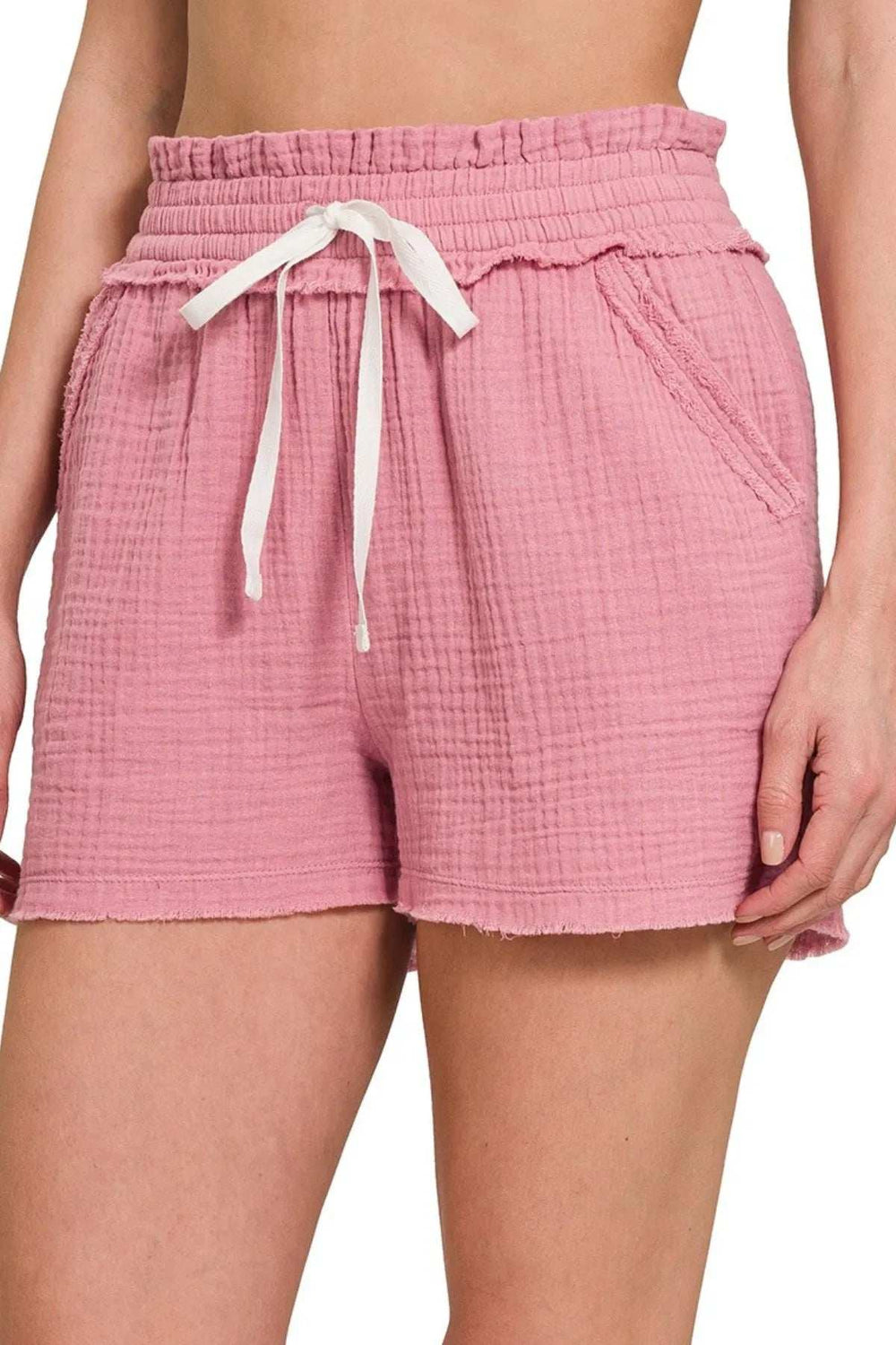 Zenana Double Gauze Elasticband Drawstring Waist Shorts - Trendsi - Flyclothing LLC