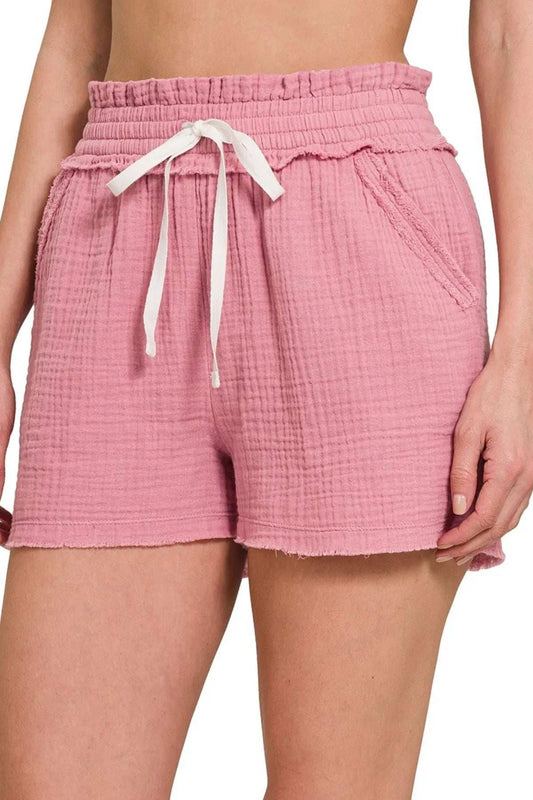 Zenana Double Gauze Elasticband Drawstring Waist Shorts - Trendsi - Flyclothing LLC