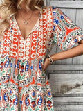 Printed Tie Neck Short Sleeve Dress - Trendsi - Flyclothing LLC
