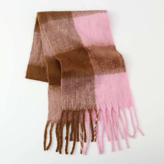 Fringe Contrast Plaid Polyester Scarf - Trendsi - Flyclothing LLC