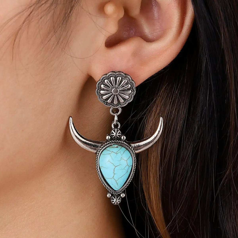 Artificial Turquoise Alloy Cow Head Earrings - Trendsi - Flyclothing LLC