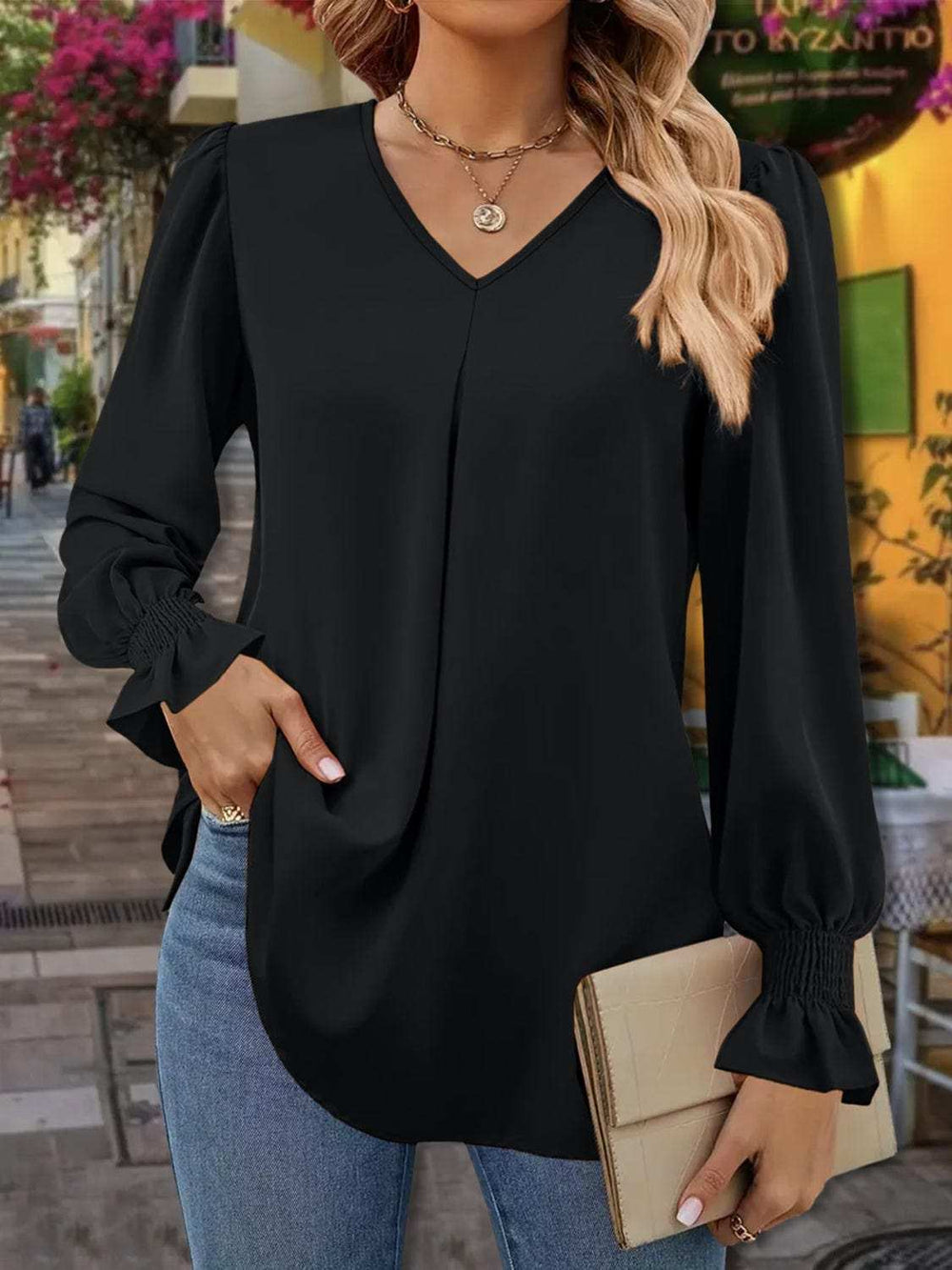 V-Neck Flounce Sleeve Blouse - Trendsi - Flyclothing LLC