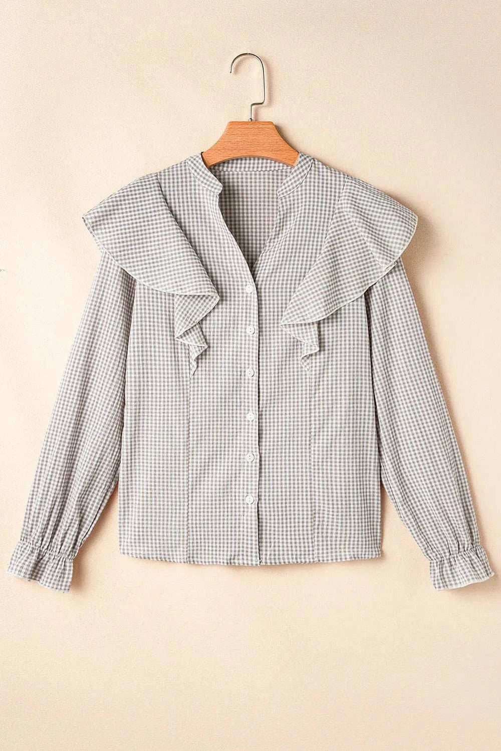 Ruffled Plaid Notched Flounce Sleeve Shirt - Trendsi - Flyclothing LLC