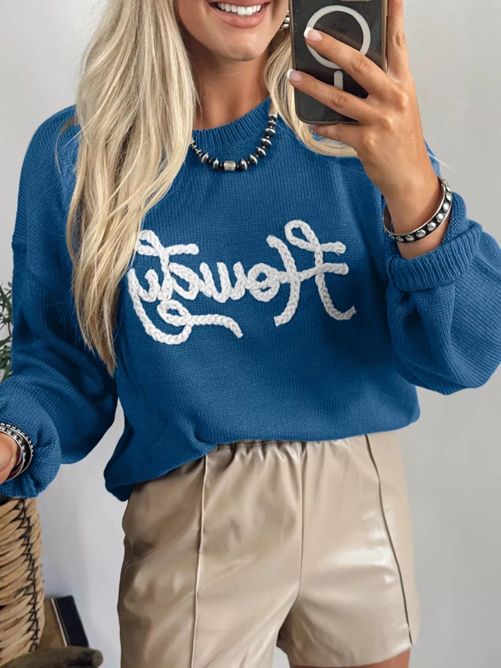 Howdy Embroidered Round Neck Sweater - Trendsi - Flyclothing LLC