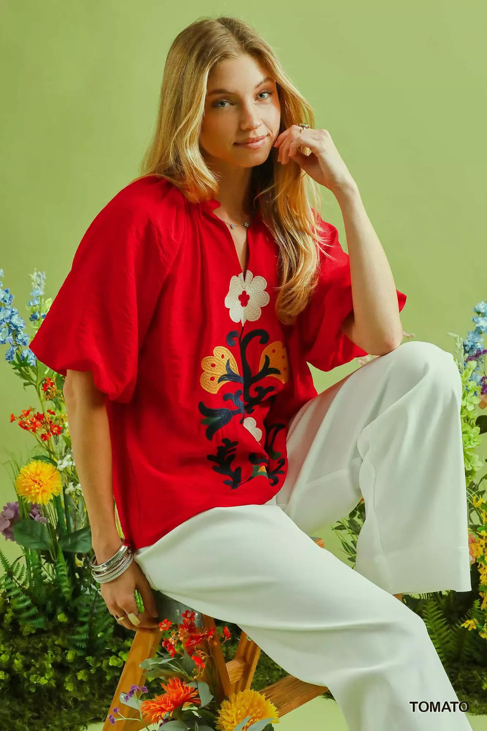 Umgee Embroidered Boho Puff Sleeve Blouse - Trendsi - Flyclothing LLC