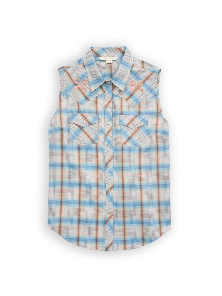Women's Ely Plaid with Bow Embroidery Sleeveless Shirt - Ely Cattleman - Flyclothing LLC