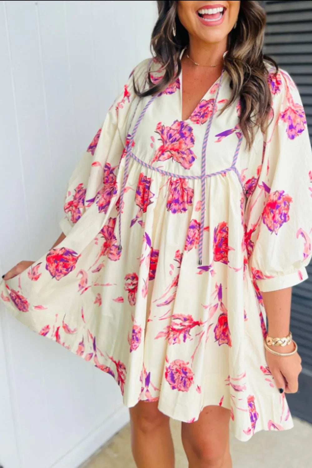 Tied Flower Printed Three-Quarter Sleeve Dress - Trendsi - Flyclothing LLC