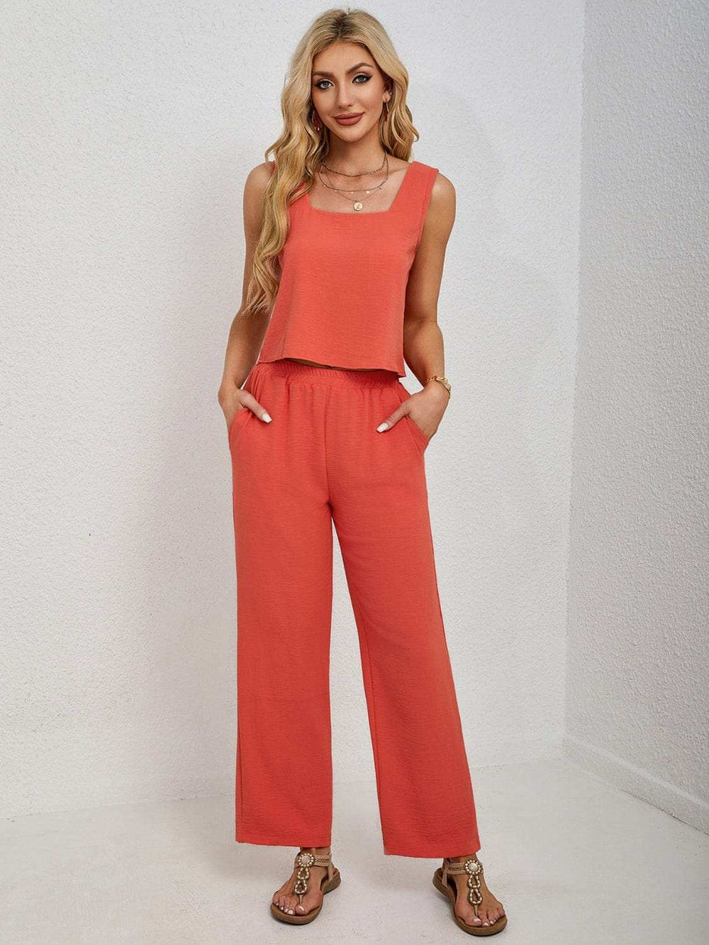 Square Neck Tank and Wide Leg Pants Set - Trendsi - Flyclothing LLC