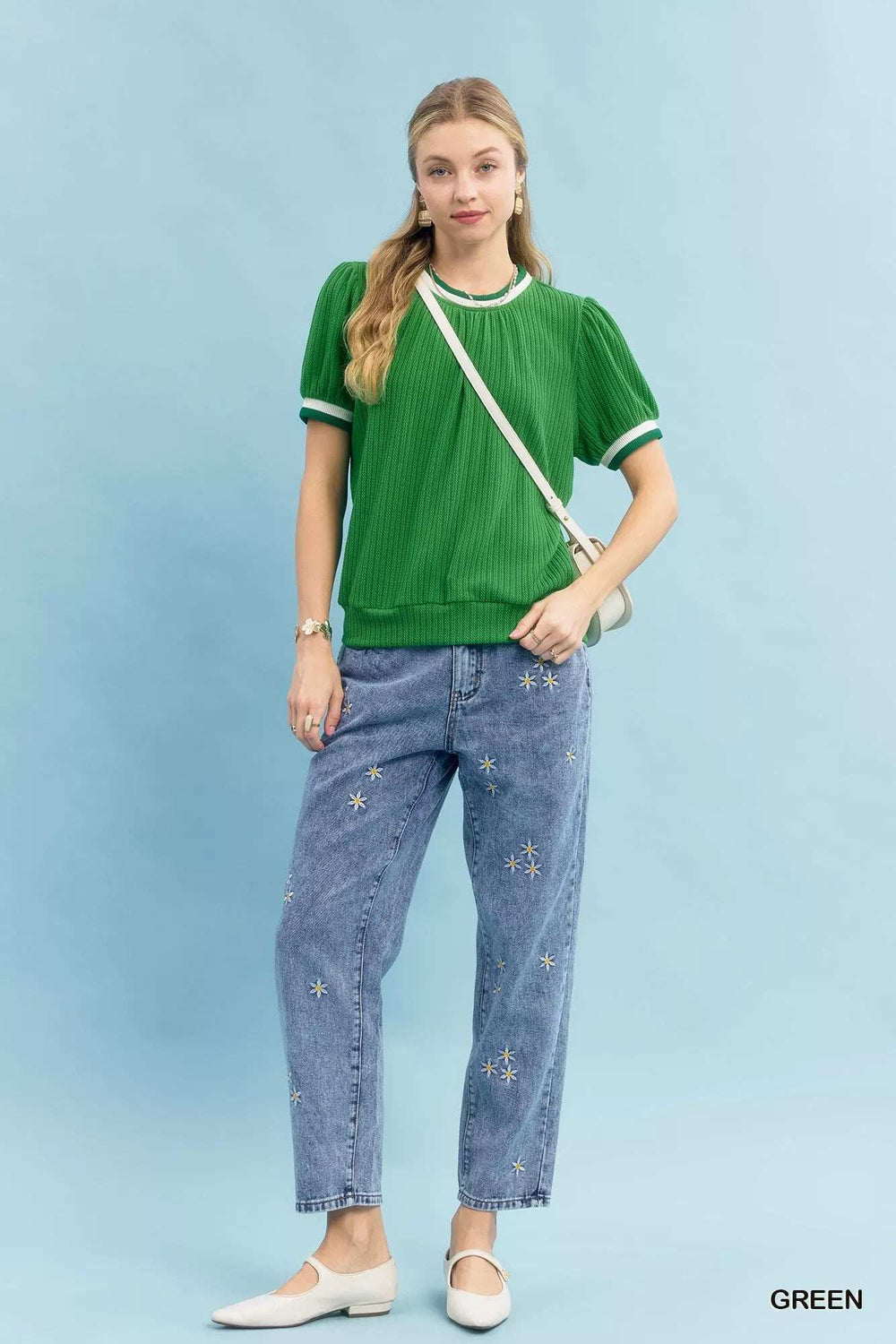 Umgee Puff Sleeve Knit Top with Contrast Rib Trim - Trendsi - Flyclothing LLC