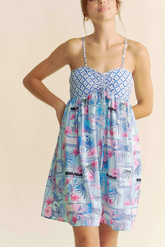 Davi & Dani Tropical Floral Geo Print Tie Back Tube Top Romper - Trendsi - Flyclothing LLC
