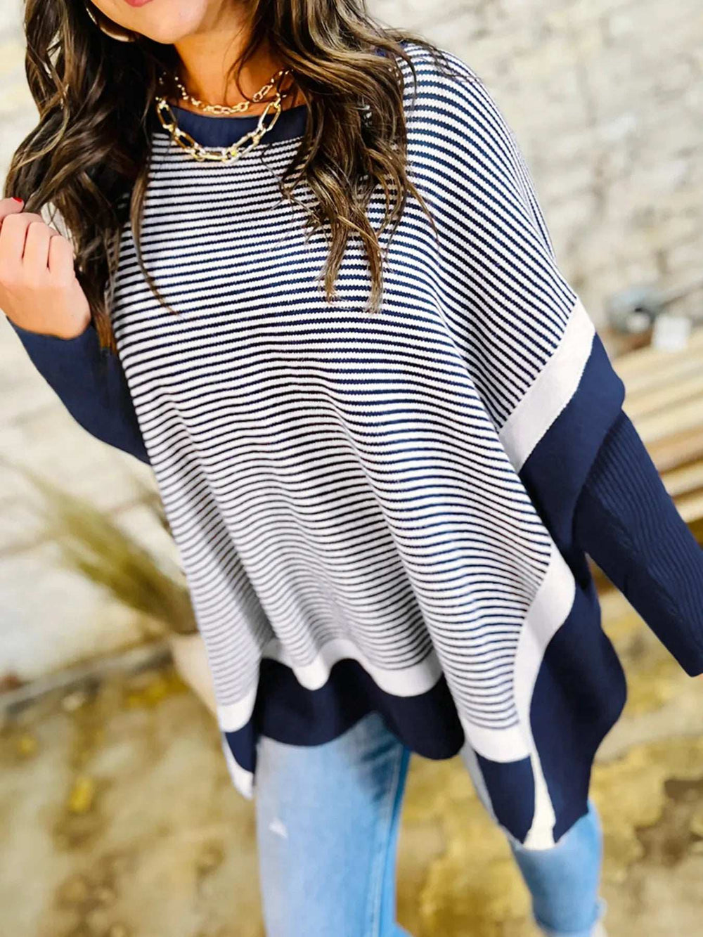 Stripe Dolman Oversize Tunic Sweater - Trendsi - Flyclothing LLC
