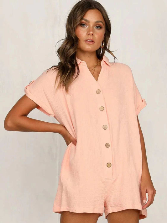 Button Front Short Sleeve Romper - Trendsi - Flyclothing LLC