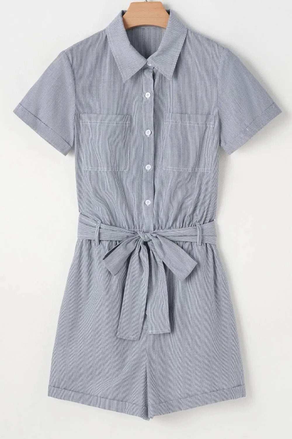Stripe Chest Pockets Tie Waist Romper - Trendsi - Flyclothing LLC