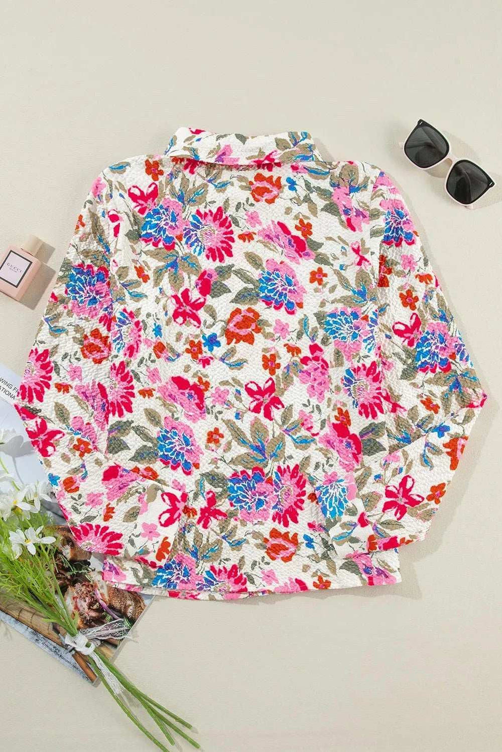 Floral Collared Neck Long Sleeve Shirt - Trendsi - Flyclothing LLC