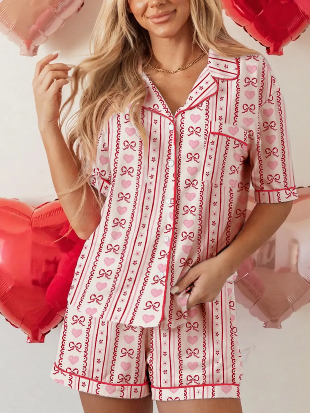 Bow Heart Print Ribbon Decor Short 2pcs Pajama Set - Trendsi - Flyclothing LLC