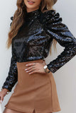 Sequin Mock Neck Puff Sleeve Blouse - Trendsi - Flyclothing LLC