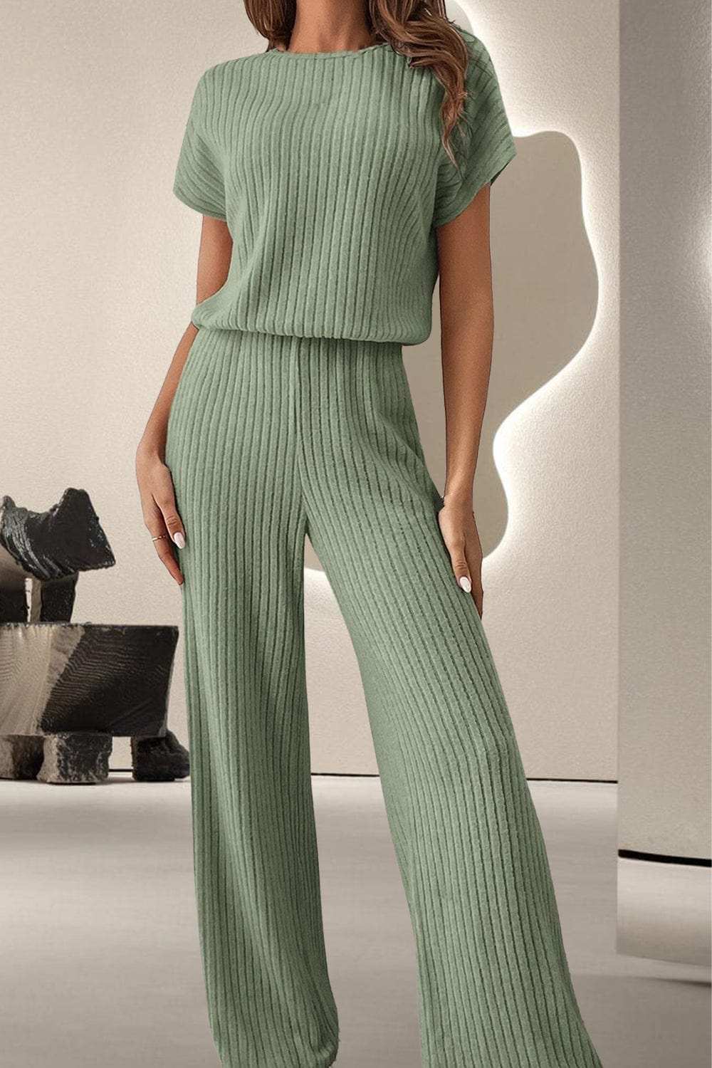 Round Neck Short Sleeve Jumpsuit - Trendsi - Flyclothing LLC