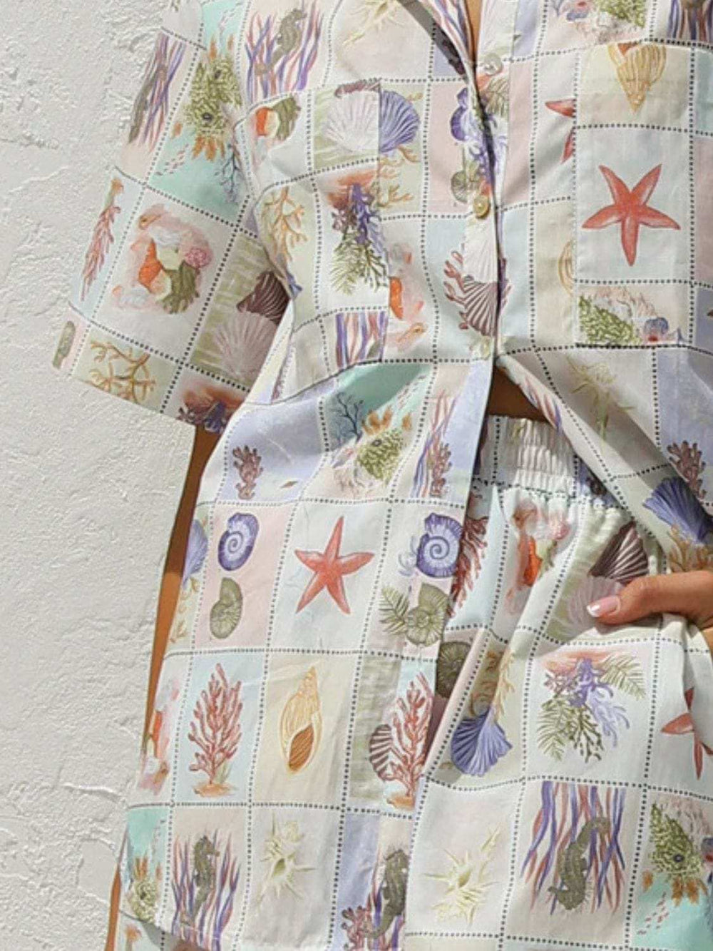 Printed Button Down Short Sleeve Top and Shorts Set - Trendsi - Flyclothing LLC