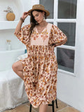 Plus Size Printed Tie Neck Half Sleeve Midi Dress - Trendsi - Flyclothing LLC