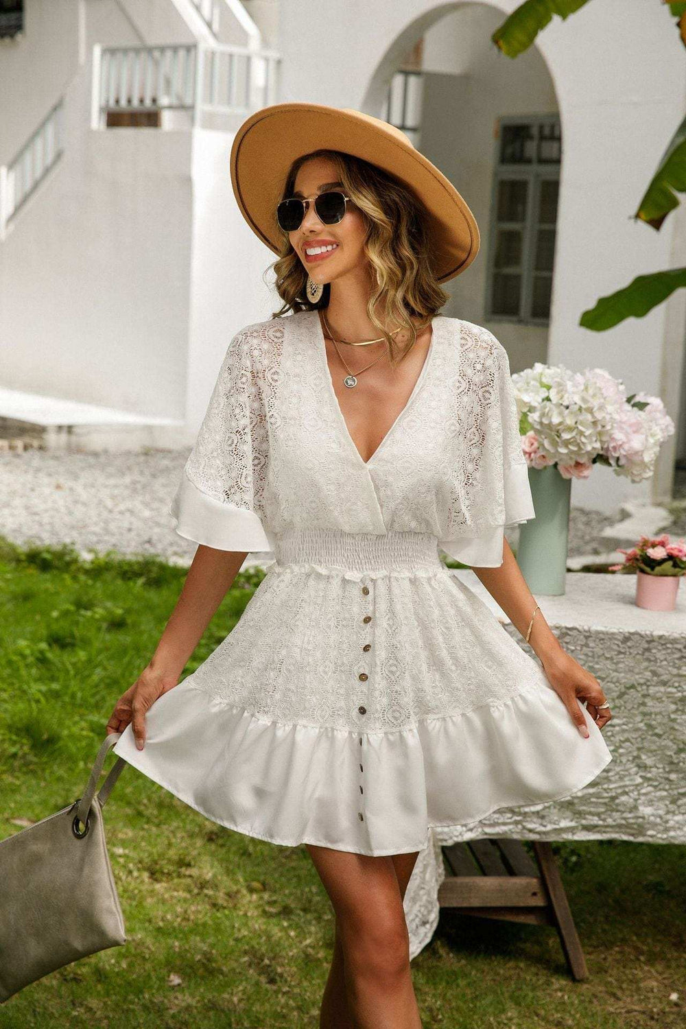 Lace Cutout Surplice Half Sleeve Dress - Trendsi - Flyclothing LLC
