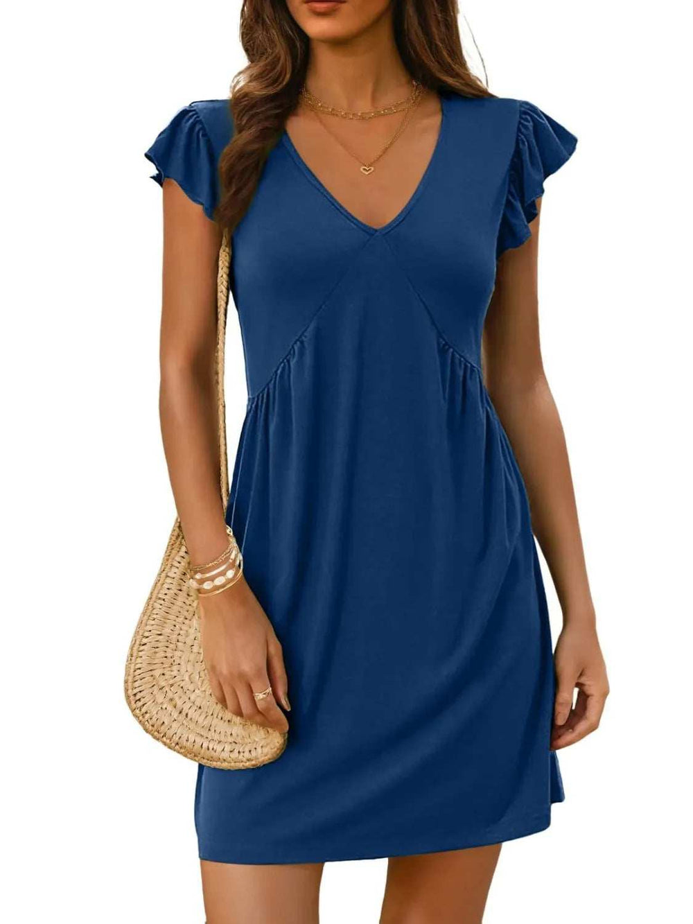 V-Neck Ruffled Cap Sleeve Mini Dress - Trendsi - Flyclothing LLC