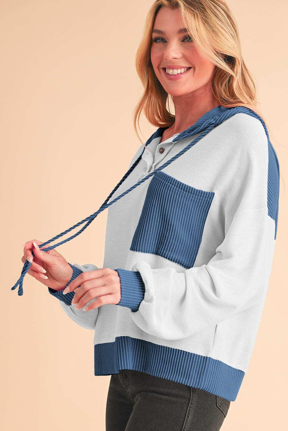 Corded Color Block Drawstring Hoodie - Trendsi - Flyclothing LLC