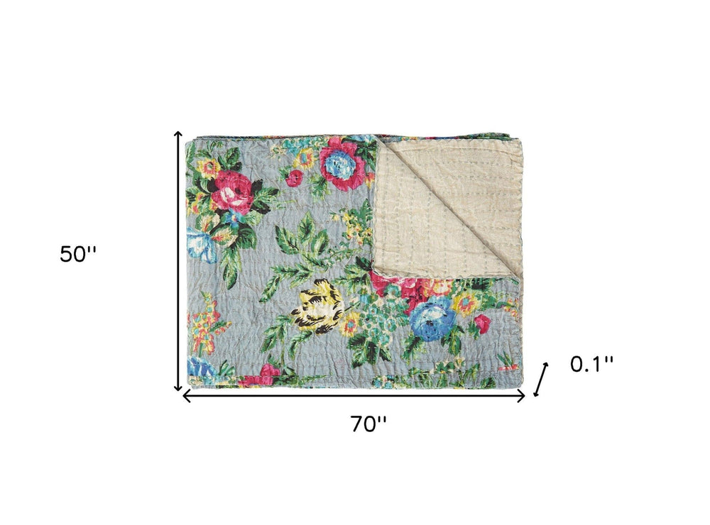 50" X 70" Pink Gray and Blue Kantha Cotton Floral Throw Blanket with Embroidery - Homeroots - Flyclothing LLC