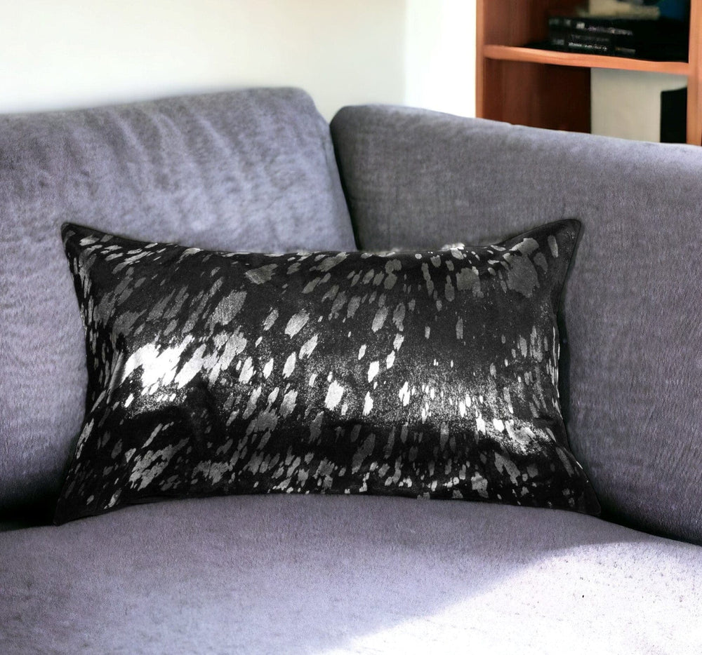12" X 20" Black and Silver Cowhide Throw Pillow - Homeroots - Flyclothing LLC