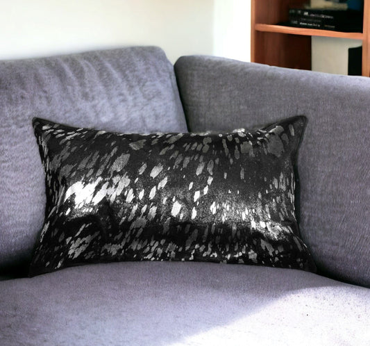 12" X 20" Black and Silver Cowhide Throw Pillow - Homeroots