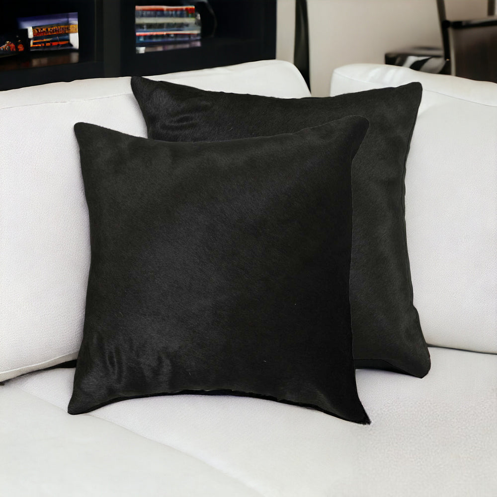Set of Two 18" Black Cowhide Throw Pillow - Homeroots - Flyclothing LLC