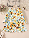 Kids Sunflower Print Round Neck Long Sleeve Dress - Trendsi - Flyclothing LLC