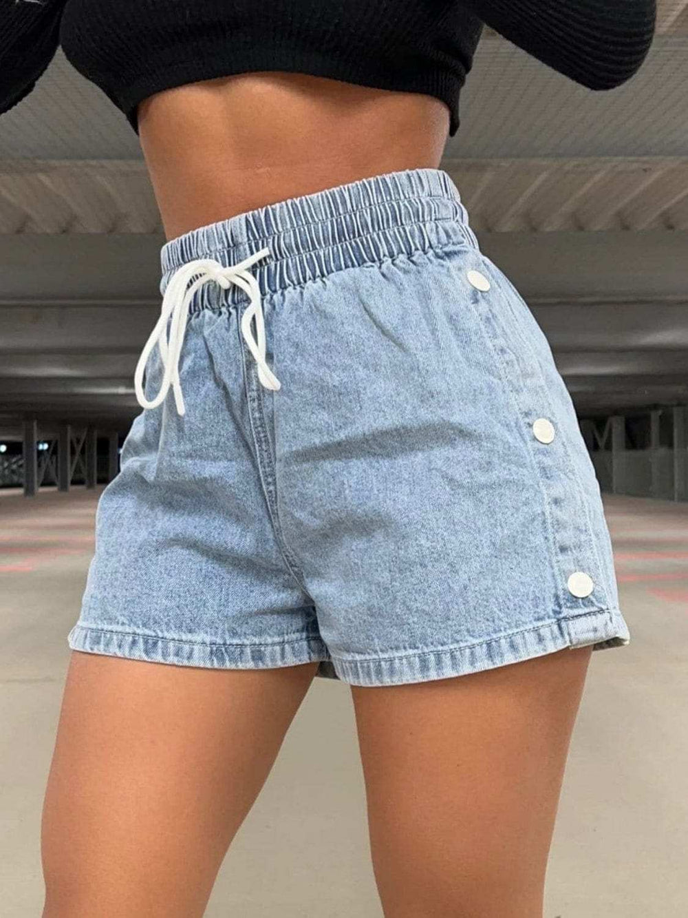 Drawstring High Waist Denim Shorts - Trendsi - Flyclothing LLC