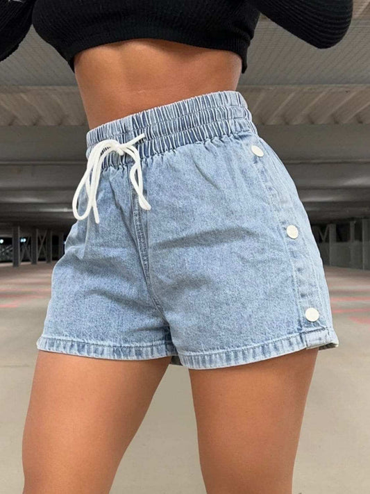 Drawstring High Waist Denim Shorts - Trendsi - Flyclothing LLC