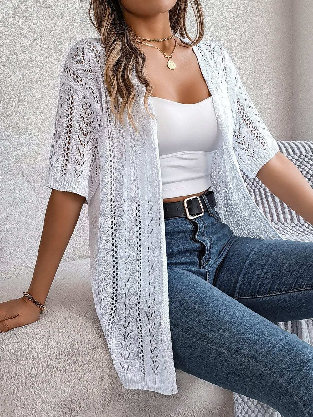 Openwork Open Front Half Sleeve Cardigan - Trendsi - Flyclothing LLC