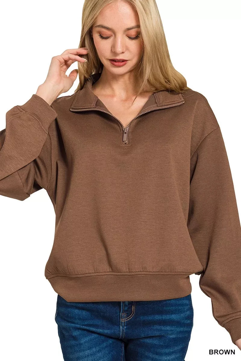 Zenana Scuba Half Zip Pullover Sweatshirt - Trendsi - Flyclothing LLC