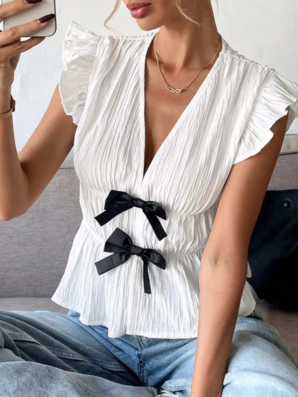 Bow V-Neck Cap Sleeve Blouse - Trendsi - Flyclothing LLC